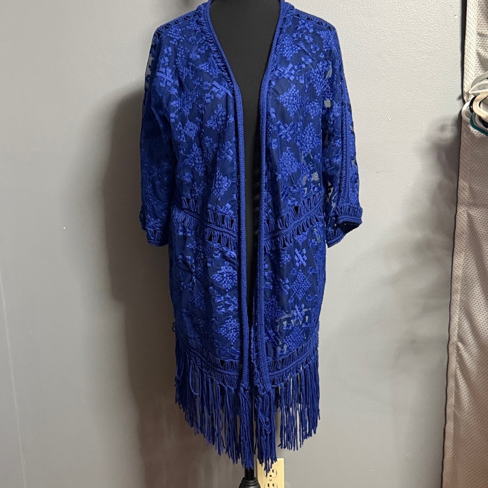 Chico’s size 1 Blue Fringe Open-Front Women's Cardigan